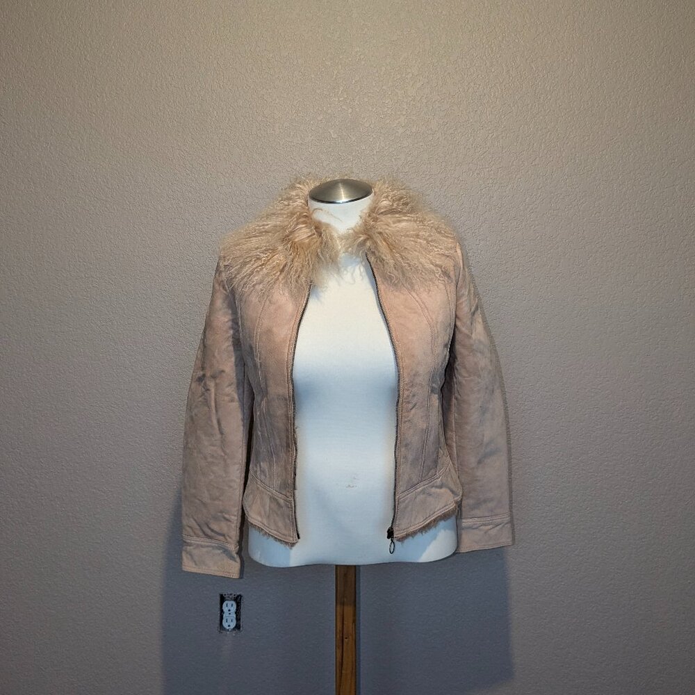MNG Beige Genuine Leather Jacket with Furred Collar M